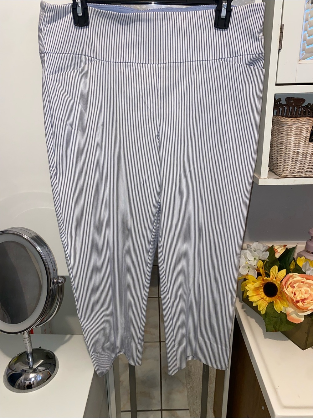 Striped Ankle-Length Pull-On Pants in White and Blue